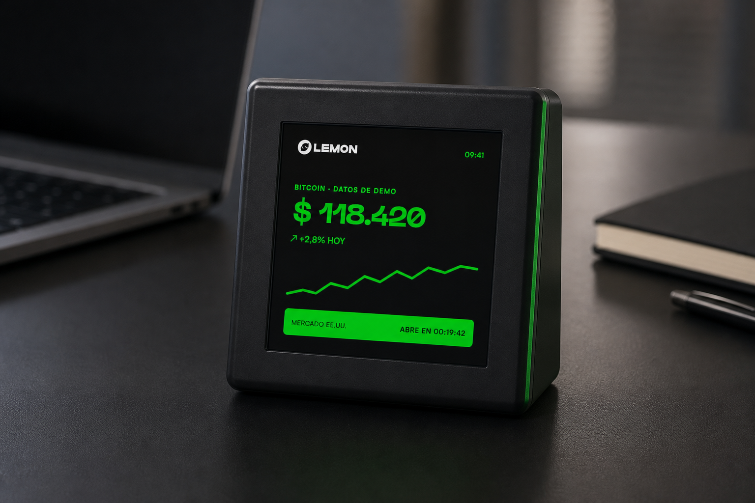 Dirección visual de la Lemon Box física mostrando un home ambiental de Bitcoin