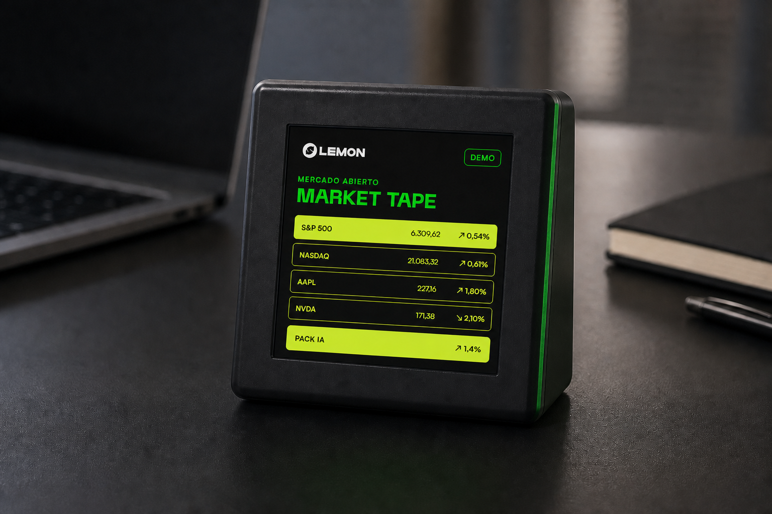 Dirección visual de Market Tape en la Lemon Box física con índices, acciones y un Pack